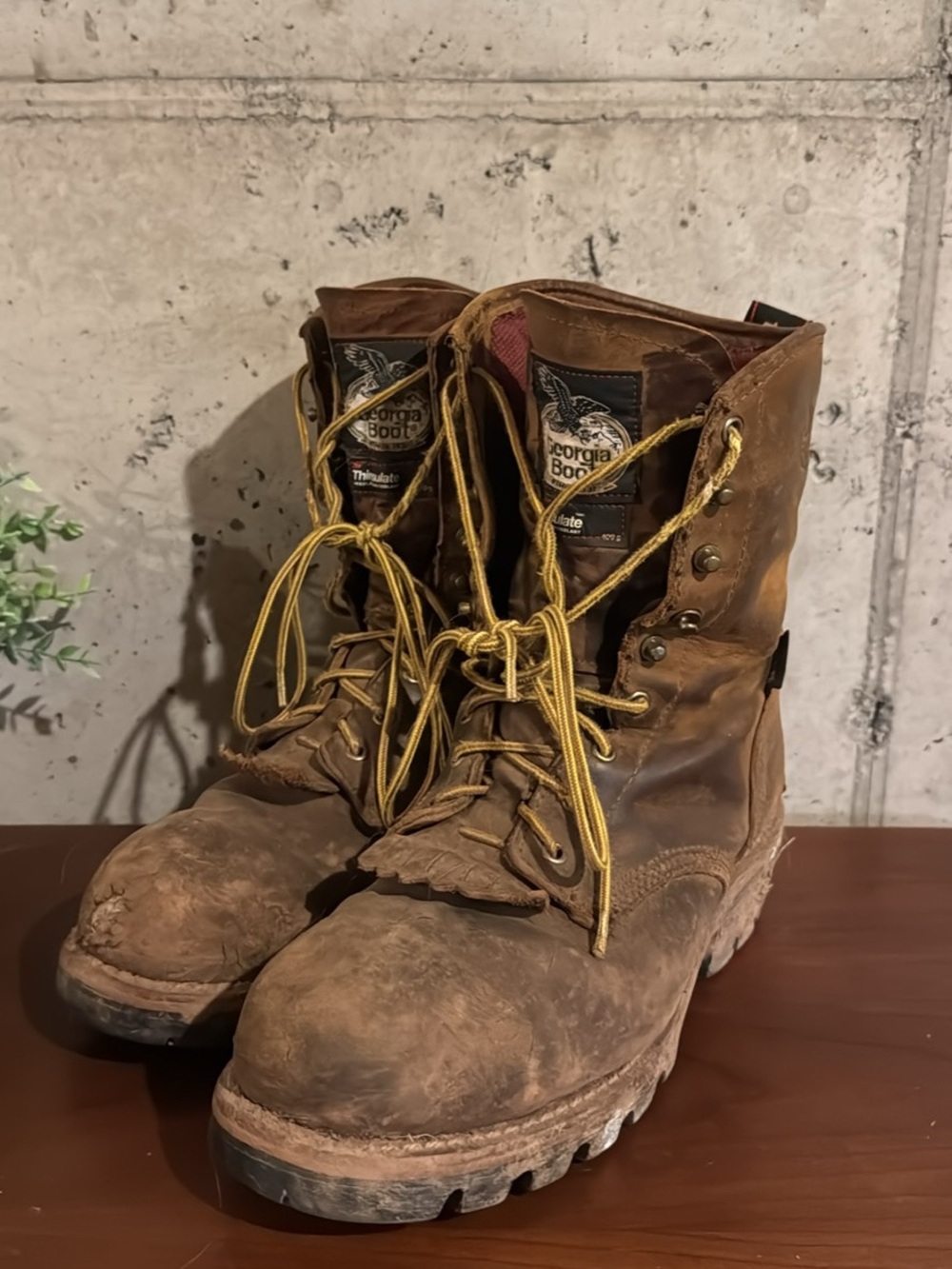 Georgia Boot Brown Work Lace-Up Boots with Yellow Laces